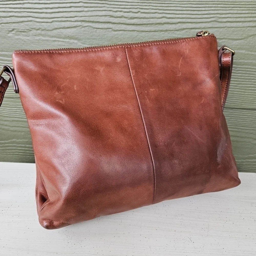 Margot Lorna Cognac Soft Brown Leather Crossbody Purse Zip Top Hobo Bag Satchel